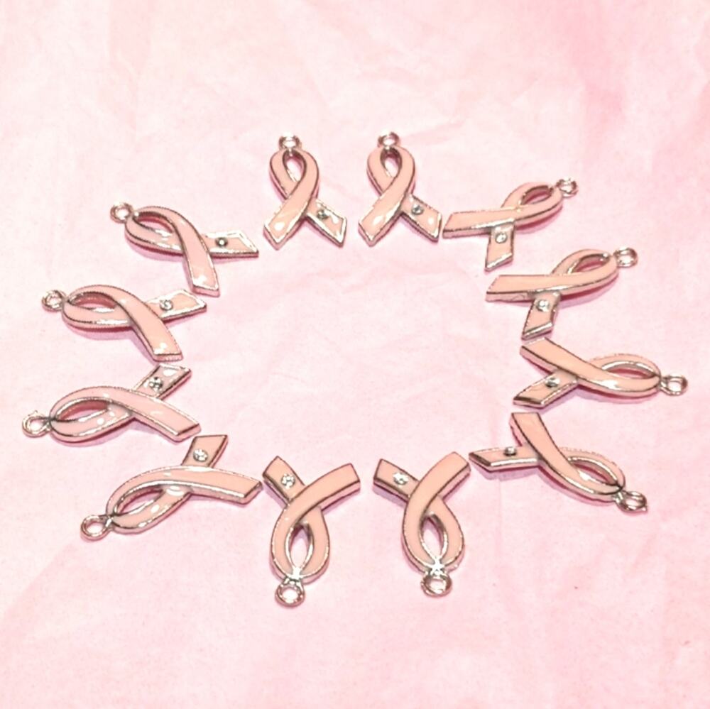 12 PINK RIBBONS Silver Tone Bling Charms Pendants DIY Jewelry Craft NEW